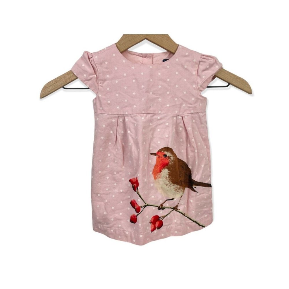 Baby Gap Girls Pink Bird Robin Polka Dot Short Sleeved Lined Dress 12-18 months